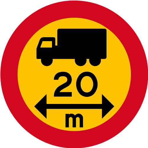 C18  Begränsad fordonslängd runt vägmärke röd gul med lastbilssymbol och pilar 20 m