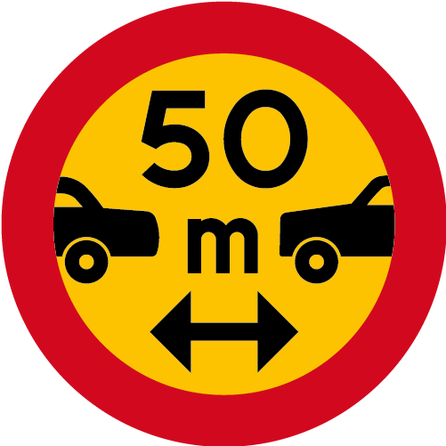 C19 Minsta avstånd runt vägmärke gul röd med 2 bilar och pilar 50 m