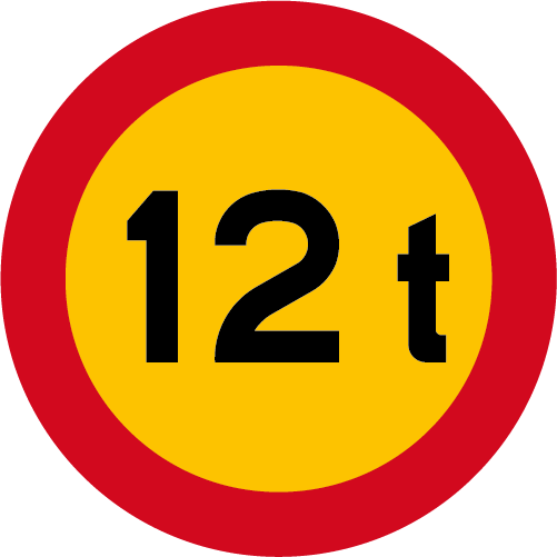 C20 Begränsad bruttovikt på fordon runt vägmärke med  12 t röd gul
