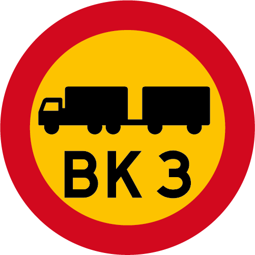 C22 Bärighetsklass runt vägmärke röd gul med lastbil och släp BK 3