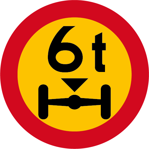 C23  Begränsat axeltryck runt vägmärke gul röd med 6 t samt  fordonsaxel 