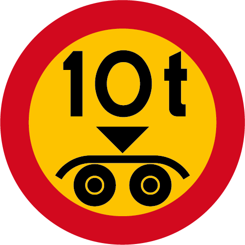 C24 Begränsat boggitryck runt vägmärke röd gul med 10 t 