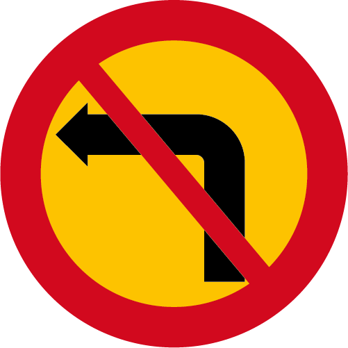 C25 Förbud mot sväng i korsning runt vägmärke gul röd med överstruken pil vänster