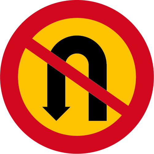 C26  Förbud mot U-sväng runt vägmärke röd gul med överstruken U formad pil