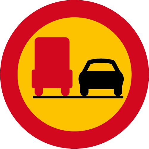 C29  Förbud mot omkörning med tung lastbil runt vägmärke röd gul med röd lastbil och svart personbil