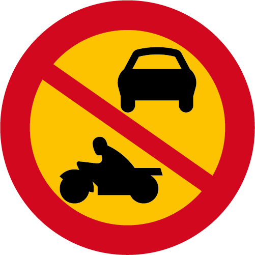 C3  Förbud mot trafik med annat motordrivet fordon än moped klass II runt vägmärke gul röd med överstruken bil och motorcykel