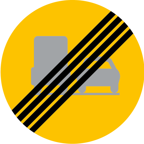 C30 Slut på förbud mot omkörning med tung lastbil runt vägmärke gul med överstruken lastbil och personbil