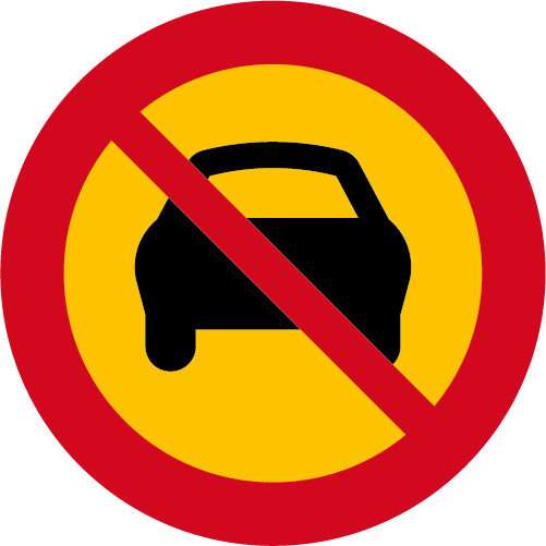 C4. Förbud mot trafik med motordrivet fordon med fler än två hjul runt vägmärke gul röd överstruken bil