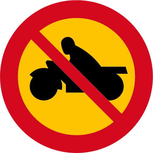 C5 Förbud mot trafik med motorcykel och moped klass I runt vägmärke röd gul överstruken motorcykel
