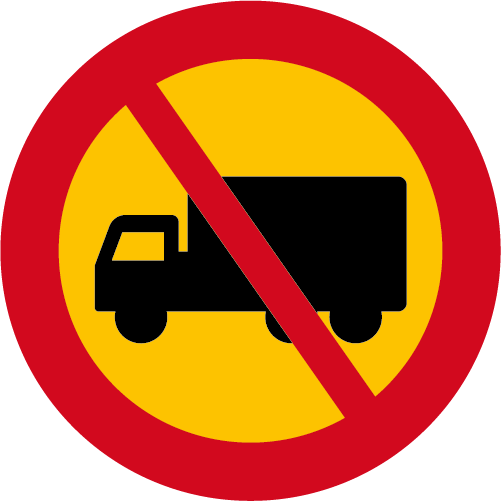C7 Förbud mot trafik med tung lastbil runt vägmärke röd gul överstruken tung lastbil
