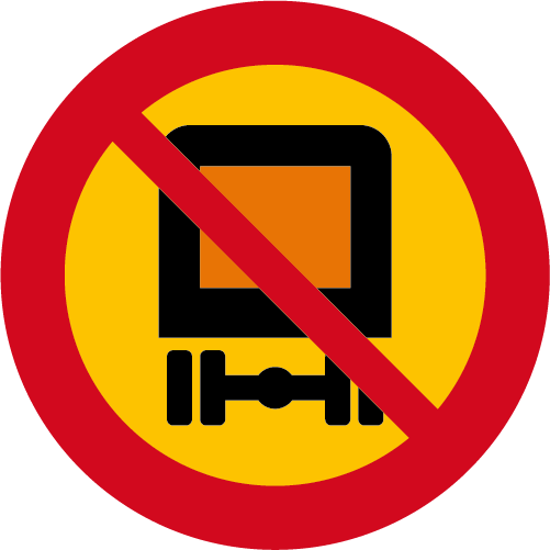 C9 Förbud mot trafik med fordon lastat med farligt gods runt vägmärke gul röd överstruken godsvagn