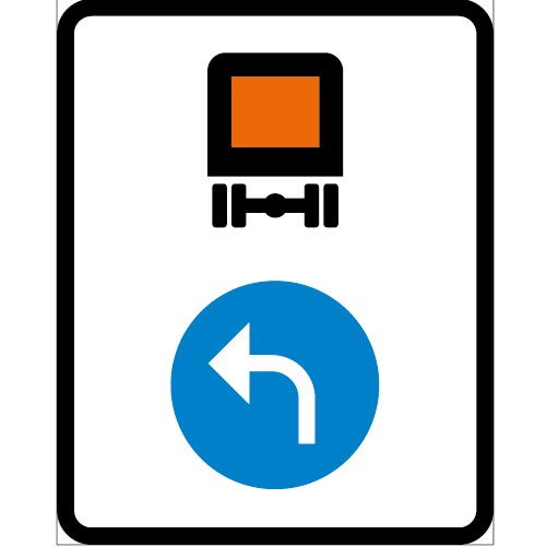 D12  Påbjuden körriktning för fordon lastat med farligt gods rektangulärt stående vit svart vägmärke med blå symbol med vit pil böjd vänster samt orange svart släp