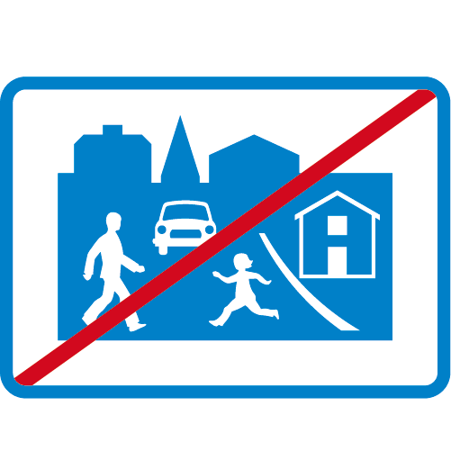 E10 Gångfartsområde upphör liggande rektangulärt vägmärke blå vitt överstruken illustration på bil barn och gående samt hus