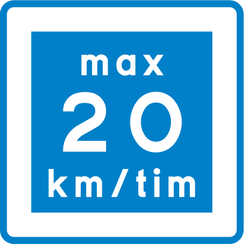 E11-2  Rekommenderad lägre hastighet kvadratiskt blå vitt vägmärke max 20 km i timmen