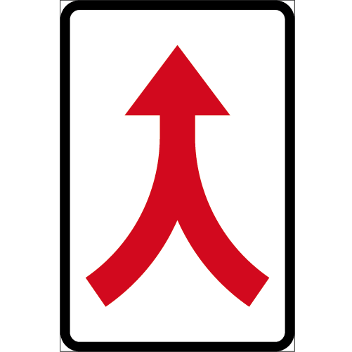 E15  Sammanvävning stående rektangulärt vägmärke vit svart med 2 röda körbanor som blir 1 pil