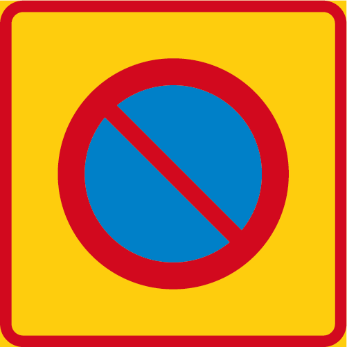 E20 Områdesmärke fyrkantigt vägmärke gul röd med parkeringsförbud symbol