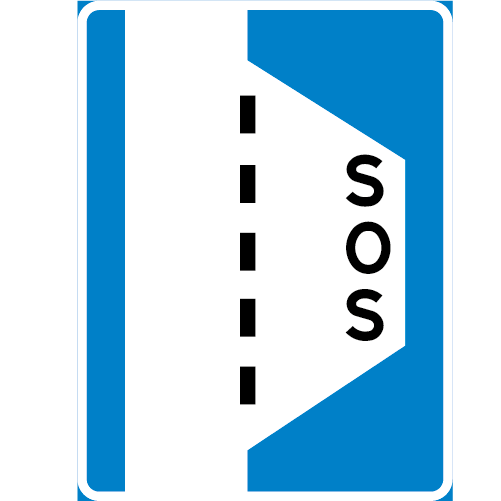 E27 Nöduppställningsplats rektangulärt vägmärke blå vit med väg och markerad yta för att kunna stanna samt text SOS