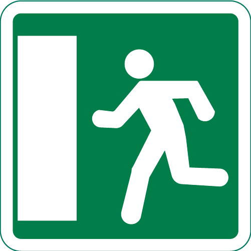 E28 Nödutgång kvadratisk skylt grön vit med springande person mot dörr vänster