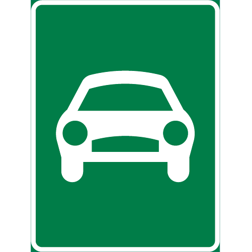 E3 Motortrafikled rektangulärt stående vägmärke grön vit med bil framifrån