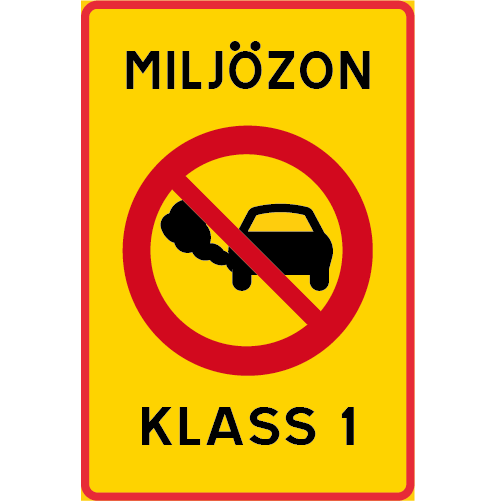 E31 Miljözon rektangulärt vägmärke gul röd överstruken bil med avgaser klass 1