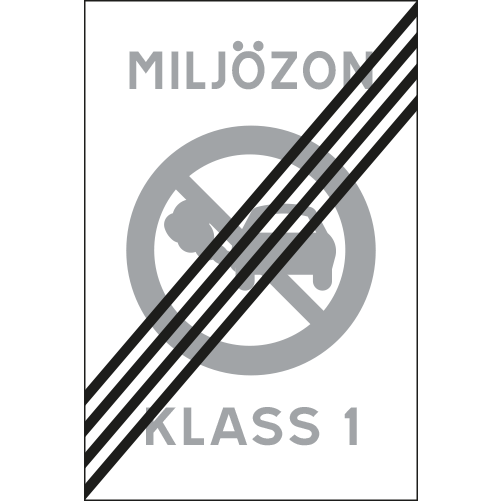 E31-Miljözon rektangulärt vägmärke gul röd överstruken bil med avgaser klass 1 upphör