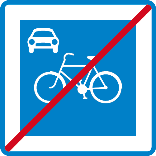 E34 Cykelgata fyrkantigt vägmärke blå vit med bil i hörnet och cykel i mitten överstruken upphör