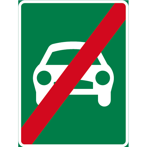 E4 Motortrafikled rektangulärt stående vägmärke grön vit med bil framifrån överstruken upphör