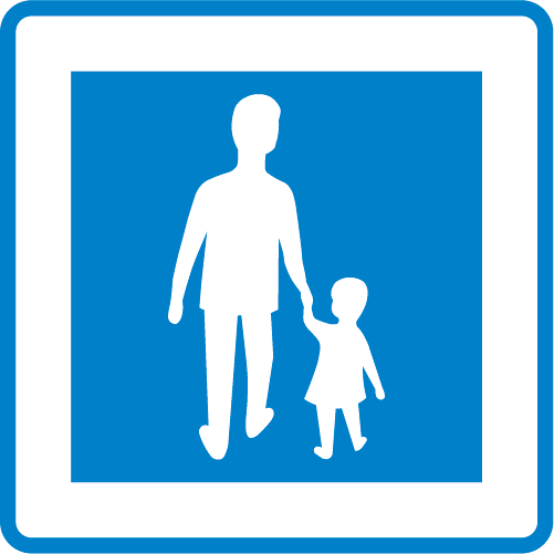 E7  Gågata fyrkantigt vägmärke blå vit vuxen person håller barn i handen