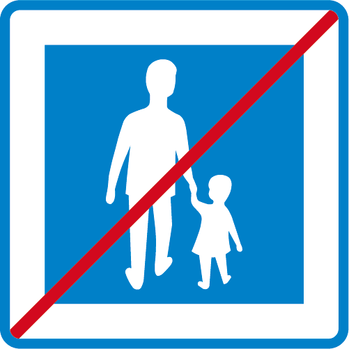 E8  Gågata fyrkantigt vägmärke blå vit vuxen person håller barn i handen överstruken upphör