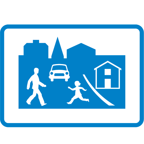 E9 Gångfartsområde rektangulärt vägmärke blå vit med stads siluett lekande barn samt gående person hus och bil
