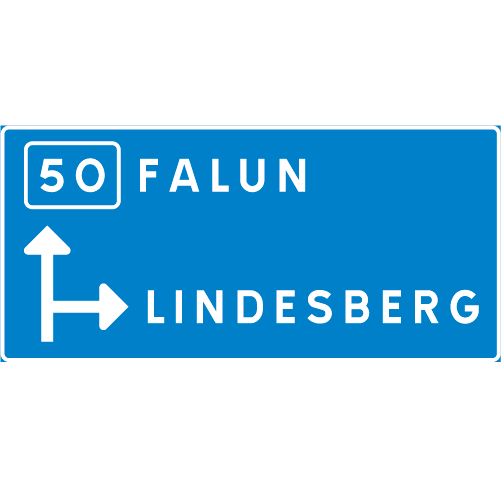 F1-1 Orienteringstavla blå vit rektangulär med pilar vägnummer  och destinationer