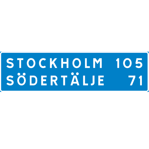 F13 Avståndstavla rektangulär blå vit med destinationer samt avstånd