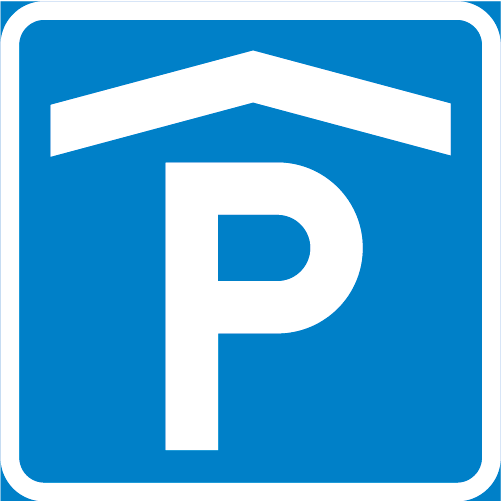 F28 Parkeringshus kvadratiskt blå vit med P och tak över