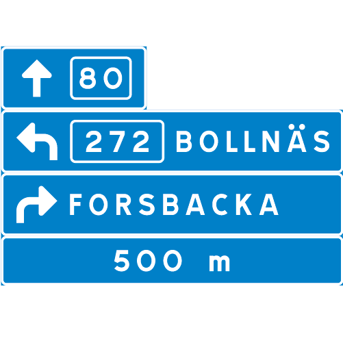 F3 Tabellorienteringstavla blå vita skyltar ihopsatta med destinationer vägnummer och pilar