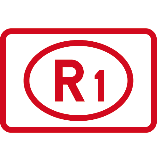 F33 Räddningsplats rektangulärt vägmärke vit röd med oval symbol R1