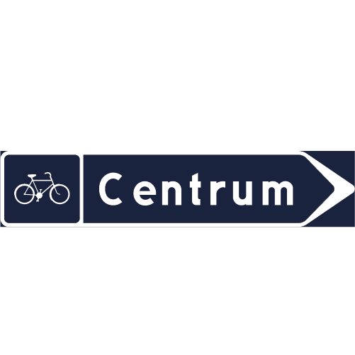 F34  Vägvisare mörk blå vit pilskylt till höger med cykelsymbol sam centrum