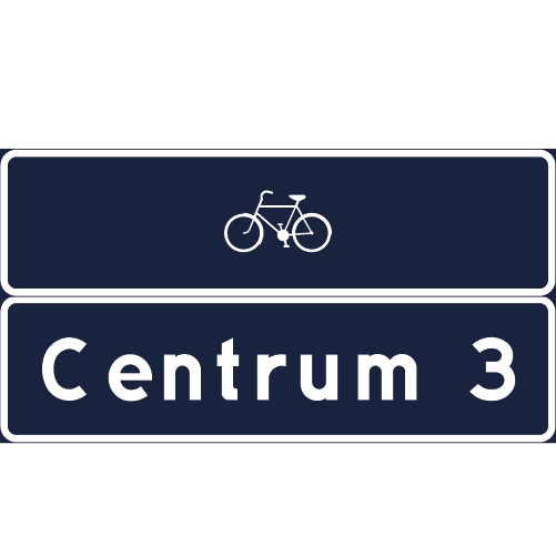F37 Avståndstavla 2 ihopsatta rektangulära skyltar med cykelsymbol samt centrum 3