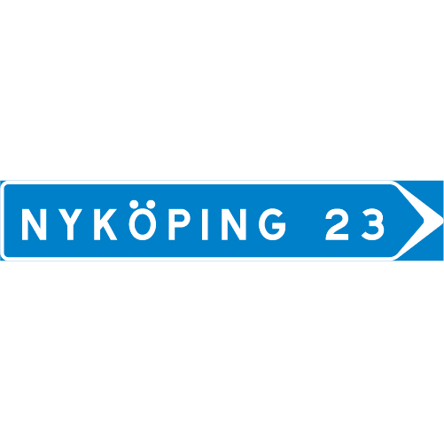 F5 Vägvisare pilskylt blå vit Nyköping 23 till höger