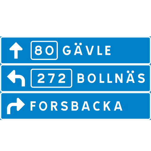 F6 Tabellvägvisare rektangulära ihopsatta skyltar med pilar destinationer och avstånd blå vit