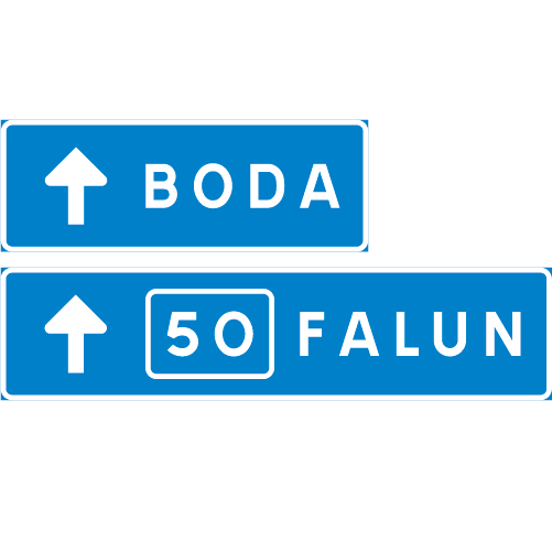 F8 Körfältsvägvisare blå vita rektangulära med destinationer pilar vägnummer