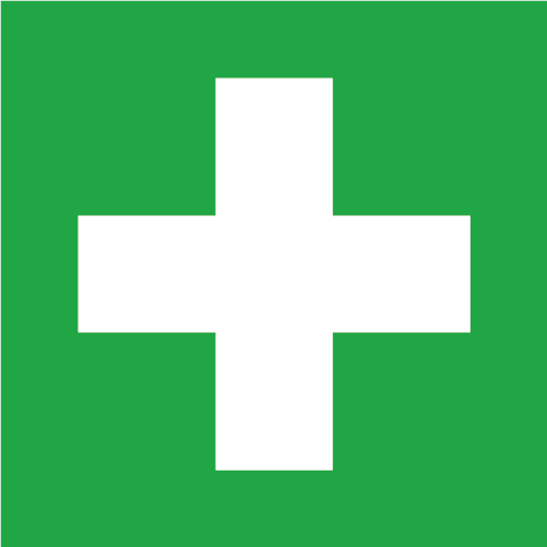 Kvadratisk grön skylt med vitt sjukhustecken första hjälpen