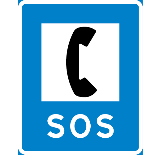 G2 Hjälptelefon rektangulär blå vit med symbol av telefon samt SOS