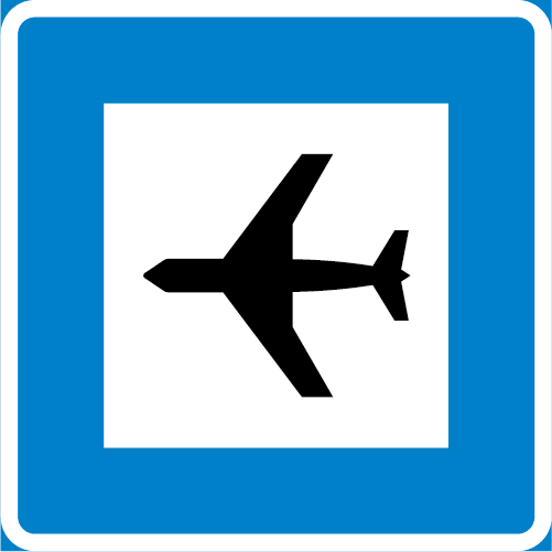 G8 Flygplats kvadratisk blå vit med flygplan vänster