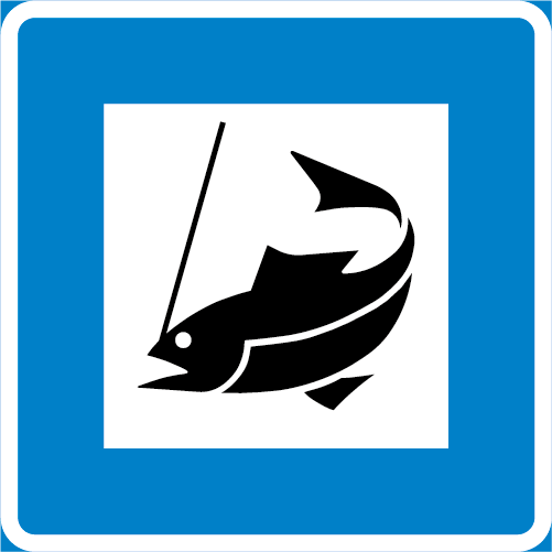 H21 Försäljningsställe för fiskekort kvadratisk blå vit med fisksymbol
