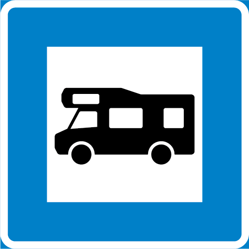 H28 Anläggning som enbart tillhandahåller platser för bilar med bostadsutrymme kvadratisk blå vit med husbil