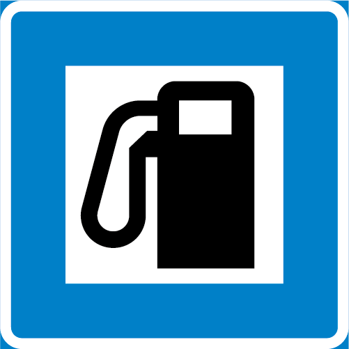 H3 Drivmedel kvadratisk blå vit med bensinpump symbol