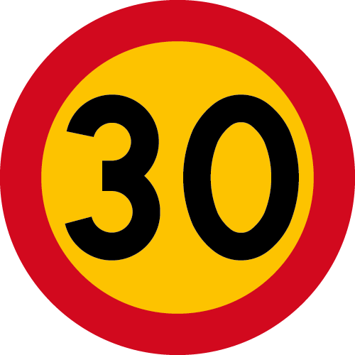 C31 Hastighetsbegränsning runt vägmärke gul röd 30 km i timmen