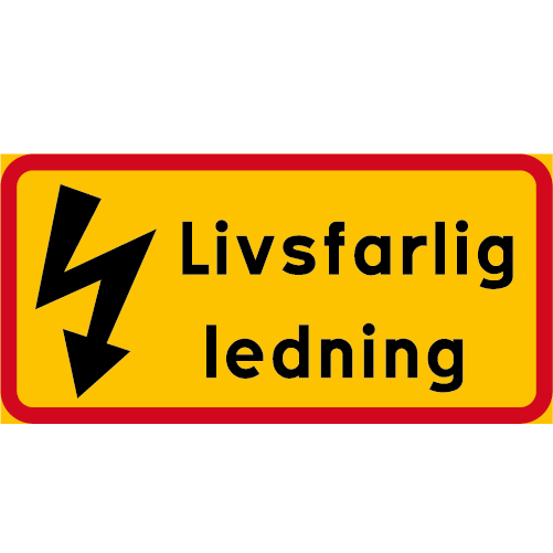 J3 Livsfarlig ledning rektangulär gul röd med blixt samt  texten livsfarlig ledning