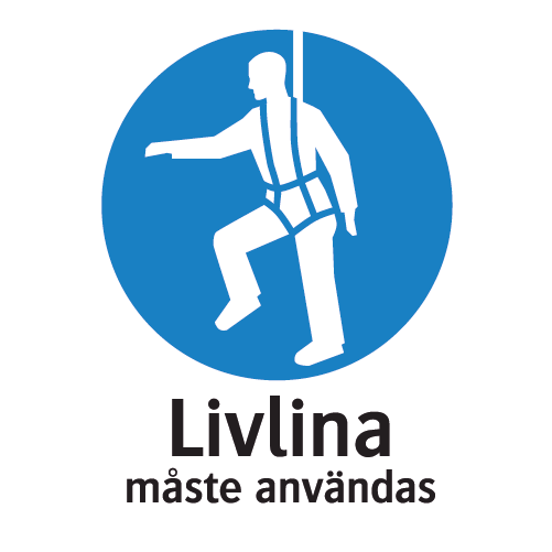 Rektangulär skylt med blå symbol för livlina samt texten livlina måste användas
