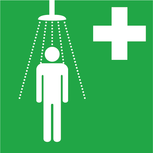 Grön vit kvadratisk skylt med symbol för nöddusch